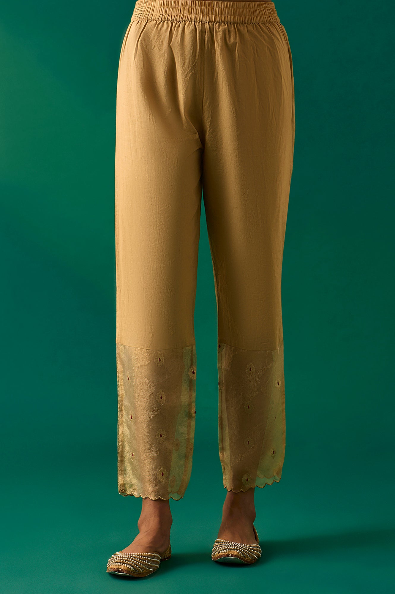 Golden Metallic Emroidered Tissue Jacquard Festive Anarkali Kurta, Pants and Dupatta Set