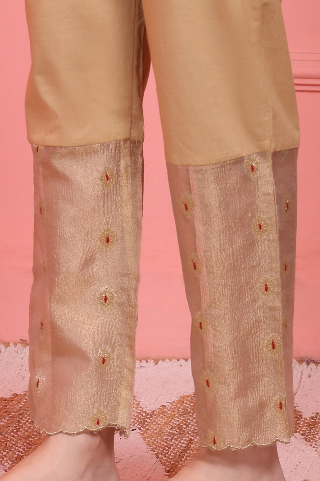 Golden Metallic Emroidered Tissue Jacquard Festive Anarkali Kurta, Pants and Dupatta Set