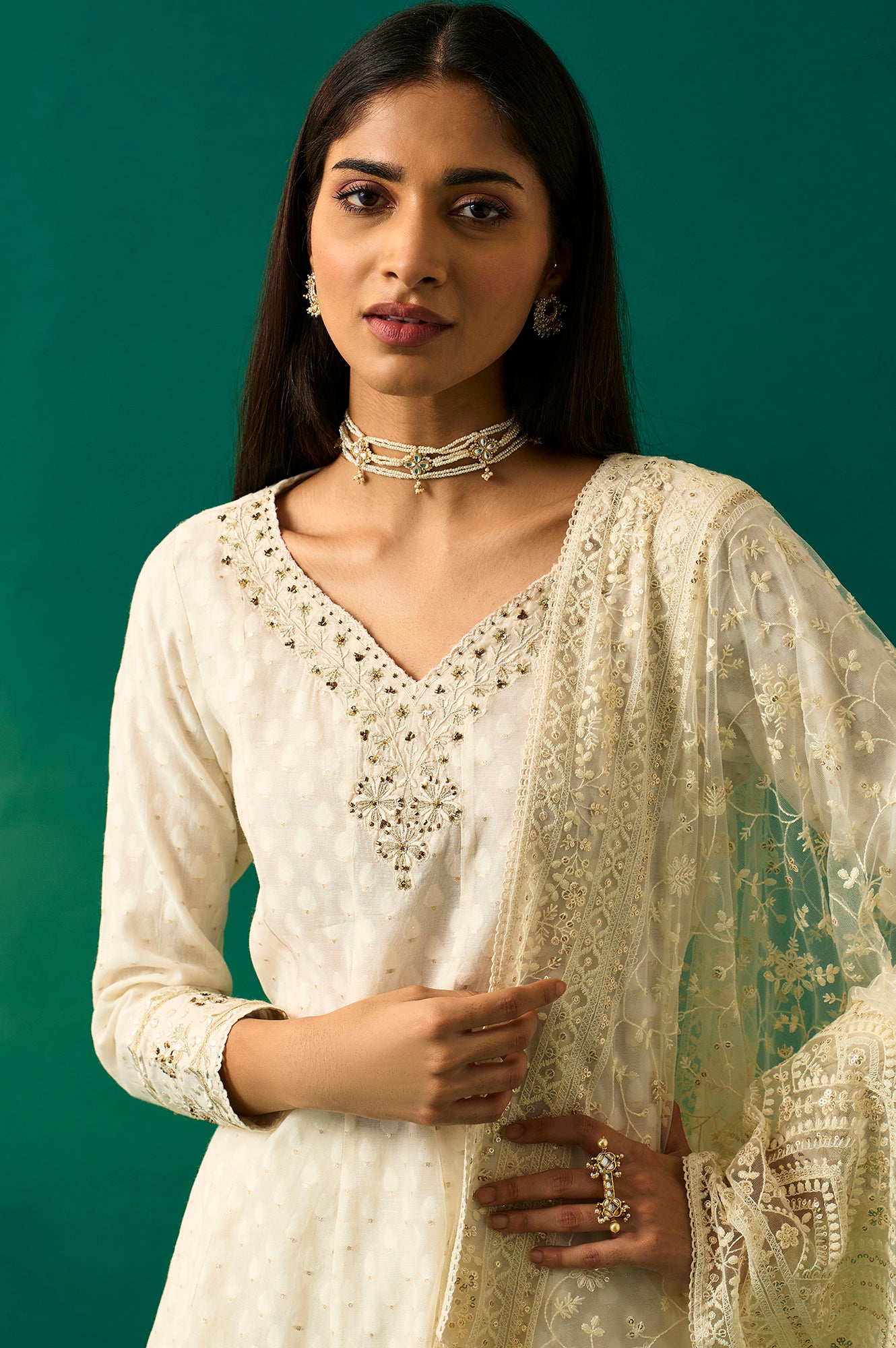 Off-White Embroidered Anarkali Cotton Kurta with Straight Pants and Dupatta Set