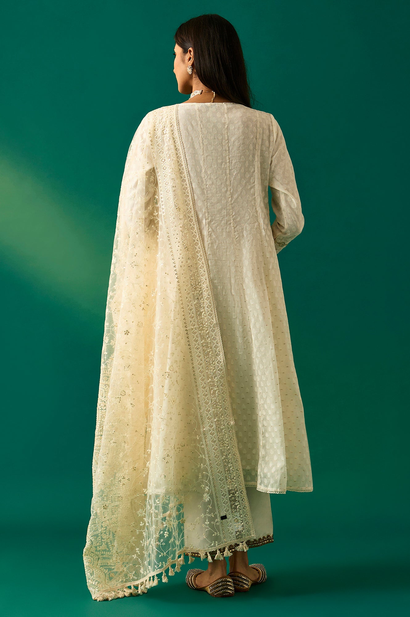 Off-White Embroidered Anarkali Cotton Kurta with Straight Pants and Dupatta Set