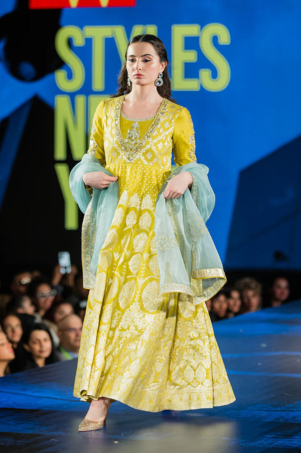 Celery Green Zari Embroidered Anarkali Jacquard Dress and Dupatta Set