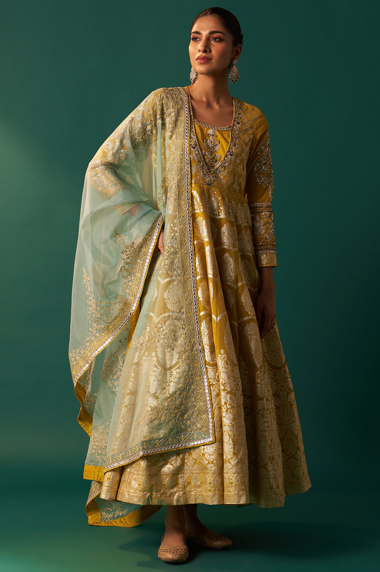 Celery Green Zari Embroidered Anarkali Jacquard Dress and Dupatta Set