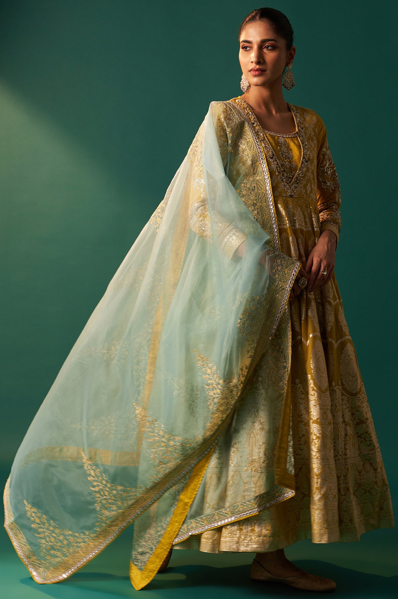 Celery Green Zari Embroidered Anarkali Jacquard Dress and Dupatta Set Celery Green Zari Embroidered Anarkali Jacquard Dress and Dupatta Set