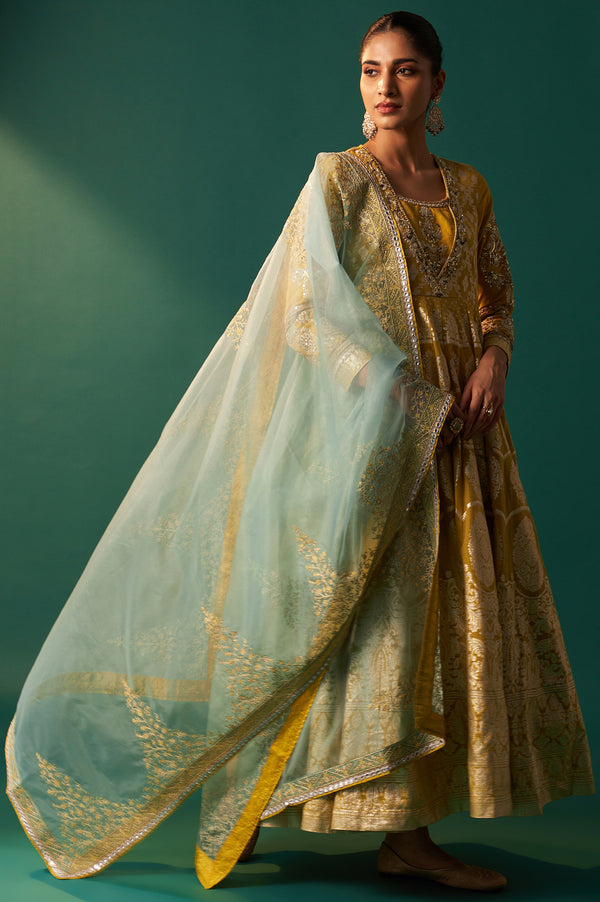 Celery Green Zari Embroidered Anarkali Jacquard Dress and Dupatta Set