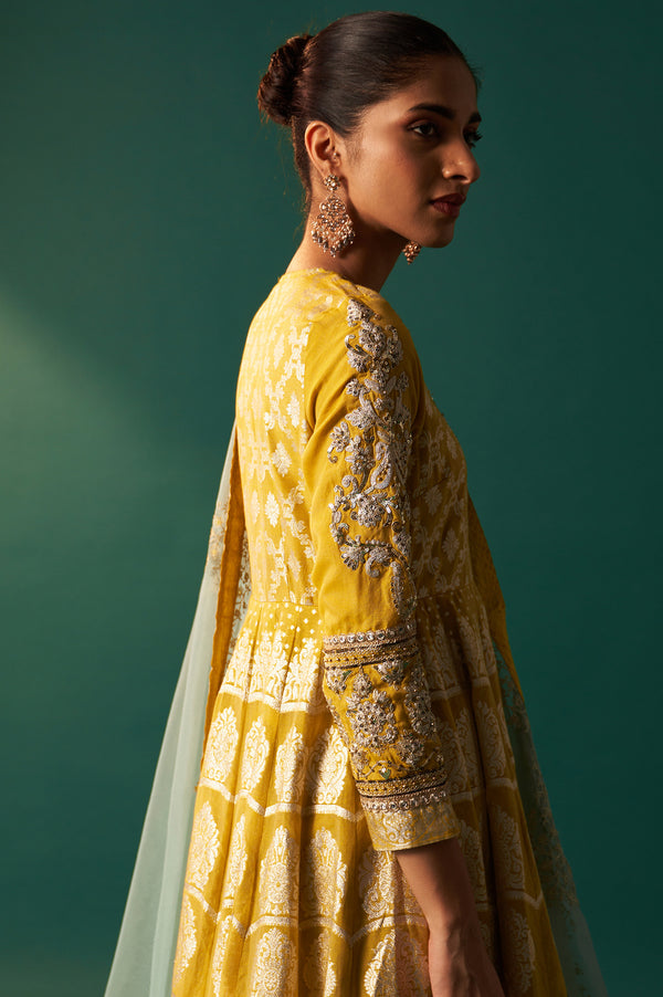 Celery Green Zari Embroidered Anarkali Jacquard Dress and Dupatta Set