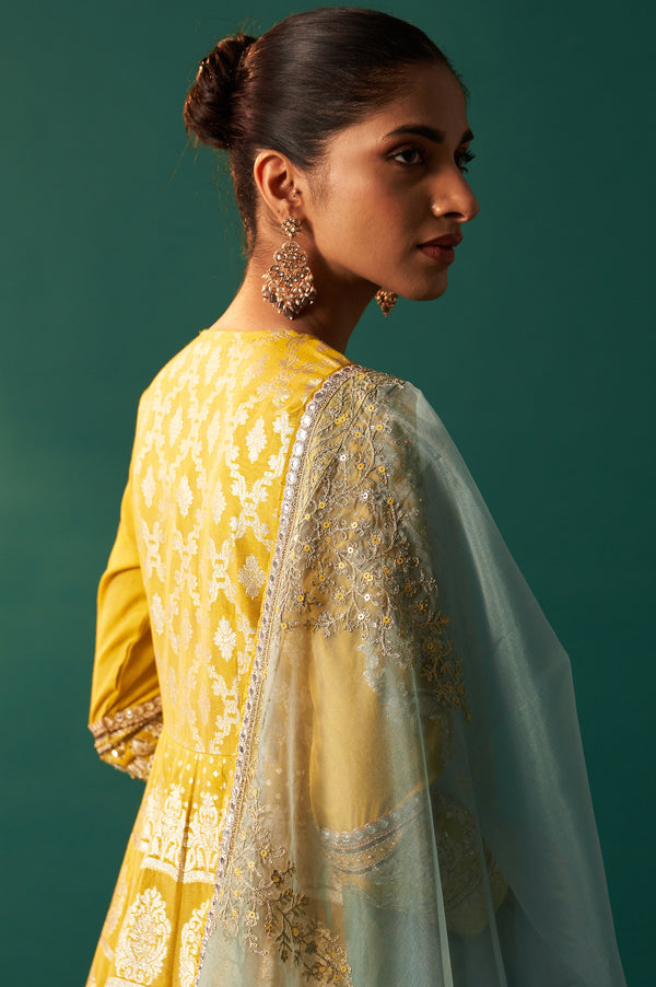 Celery Green Zari Embroidered Anarkali Jacquard Dress and Dupatta Set