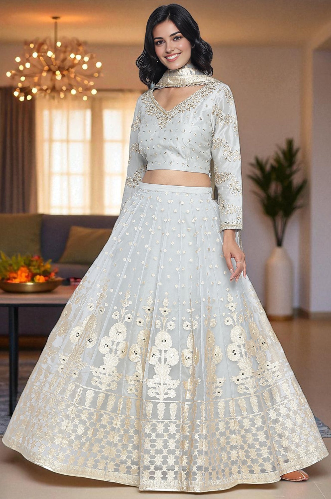 Sky Blue Solid Printed Chandari Silk Flared Blouse, Skirt and Dupatta Set