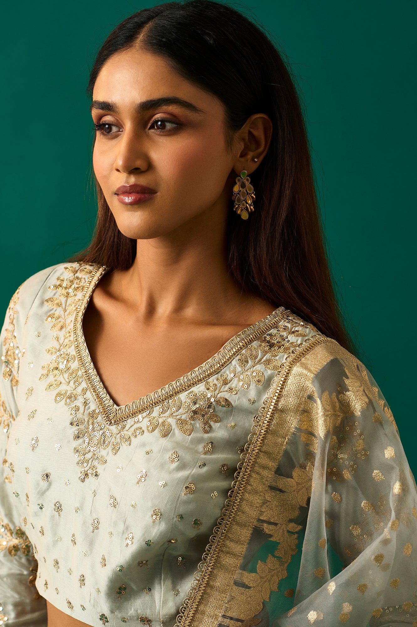 Sky Blue Solid Printed Chandari Silk Flared Blouse, Skirt and Dupatta Set