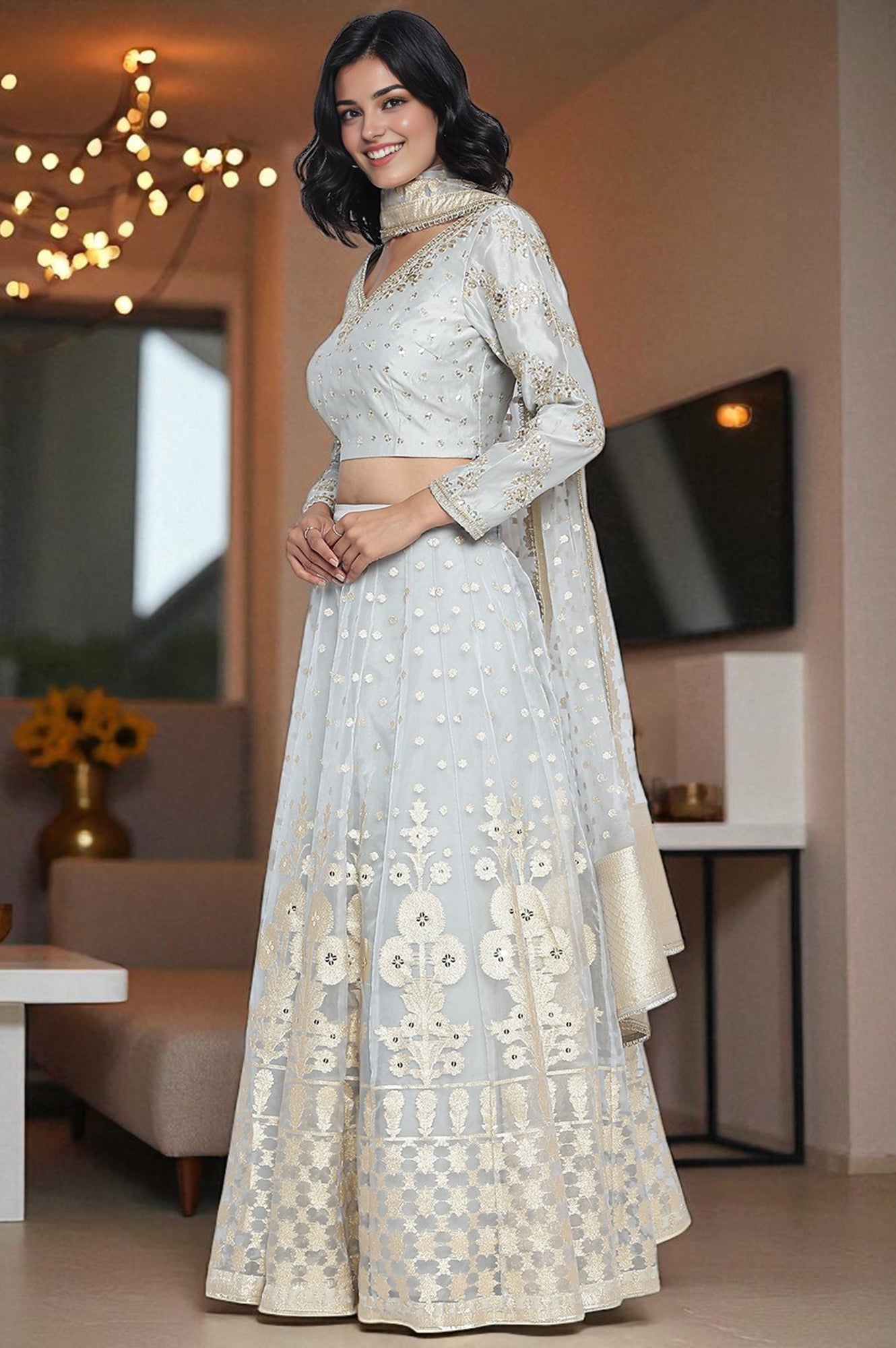 Sky Blue Solid Printed Chandari Silk Flared Blouse, Skirt and Dupatta Set