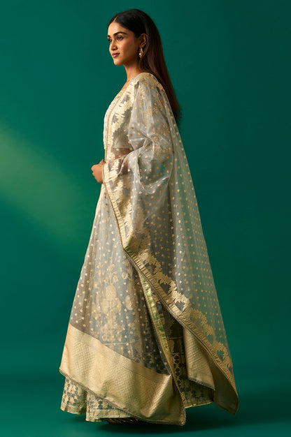 Sky Blue Solid Printed Chandari Silk Flared Blouse, Skirt and Dupatta Set