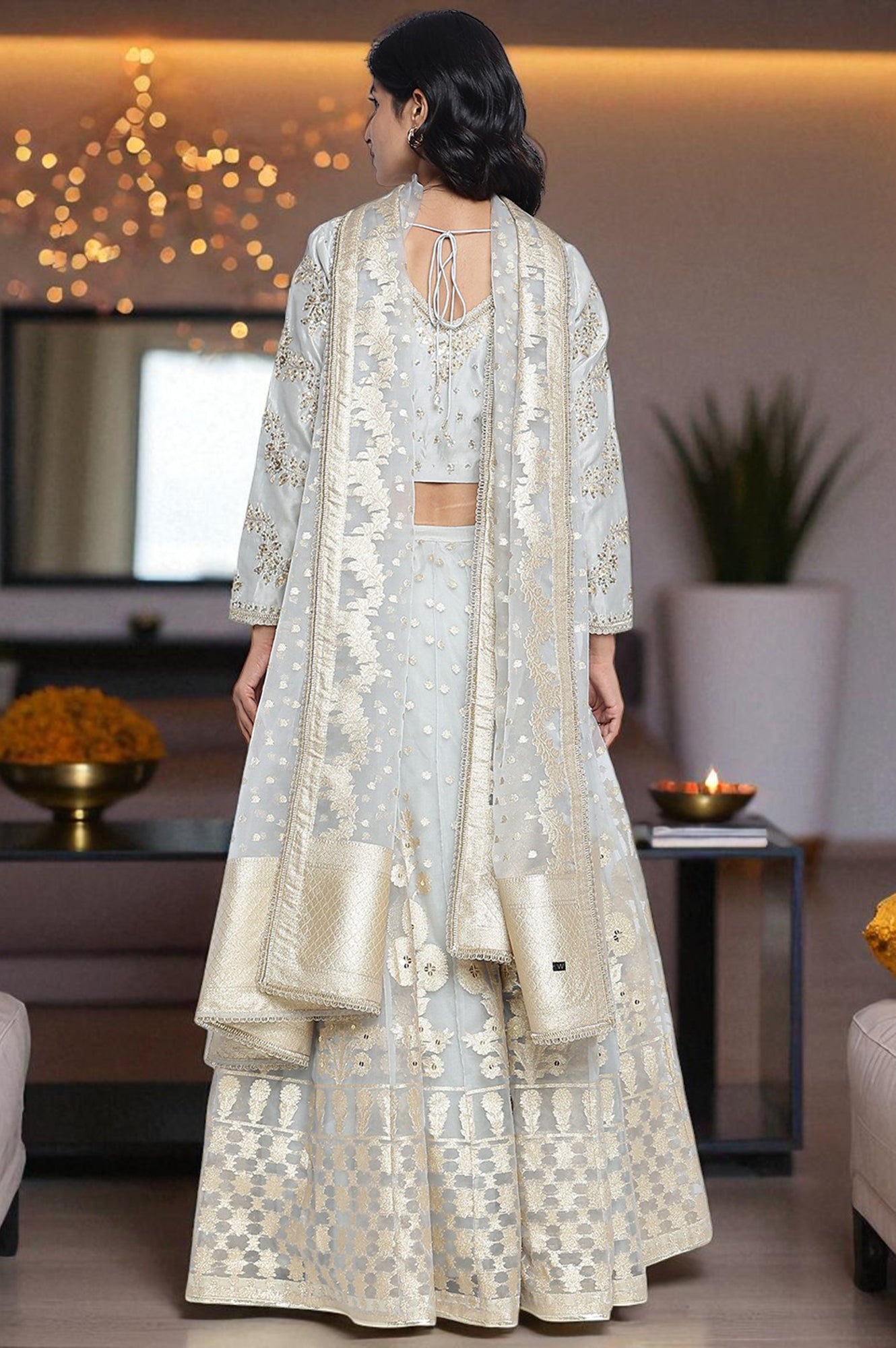 Sky Blue Solid Printed Chandari Silk Flared Blouse, Skirt and Dupatta Set
