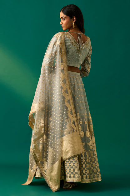 Sky Blue Solid Printed Chandari Silk Flared Blouse, Skirt and Dupatta Set