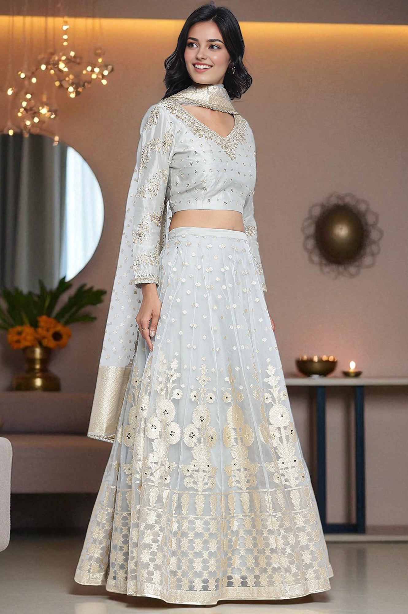 Sky Blue Solid Printed Chandari Silk Flared Blouse, Skirt and Dupatta Set