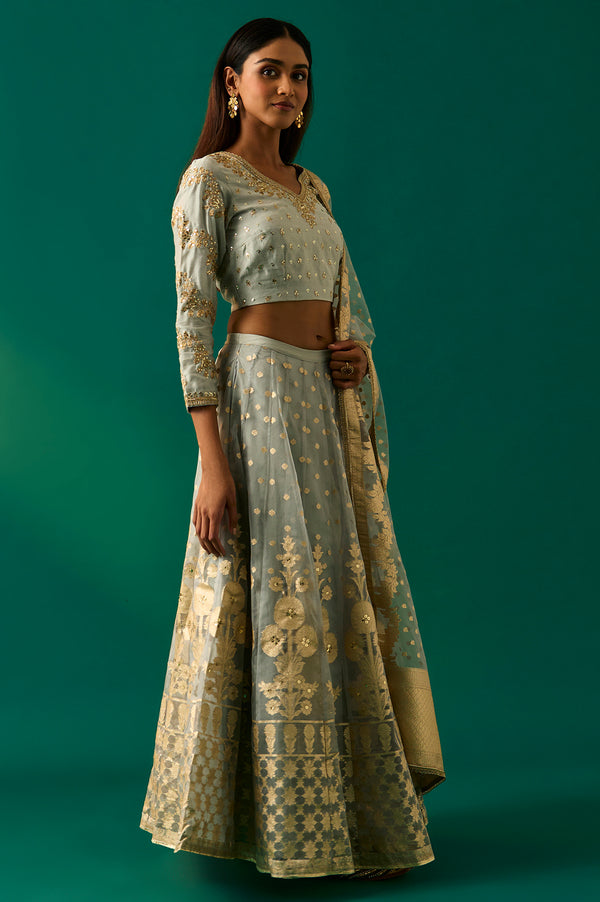 Sky Blue Solid Printed Chandari Silk Flared Blouse, Skirt and Dupatta Set