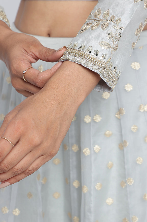 Sky Blue Solid Printed Chandari Silk Flared Blouse, Skirt and Dupatta Set