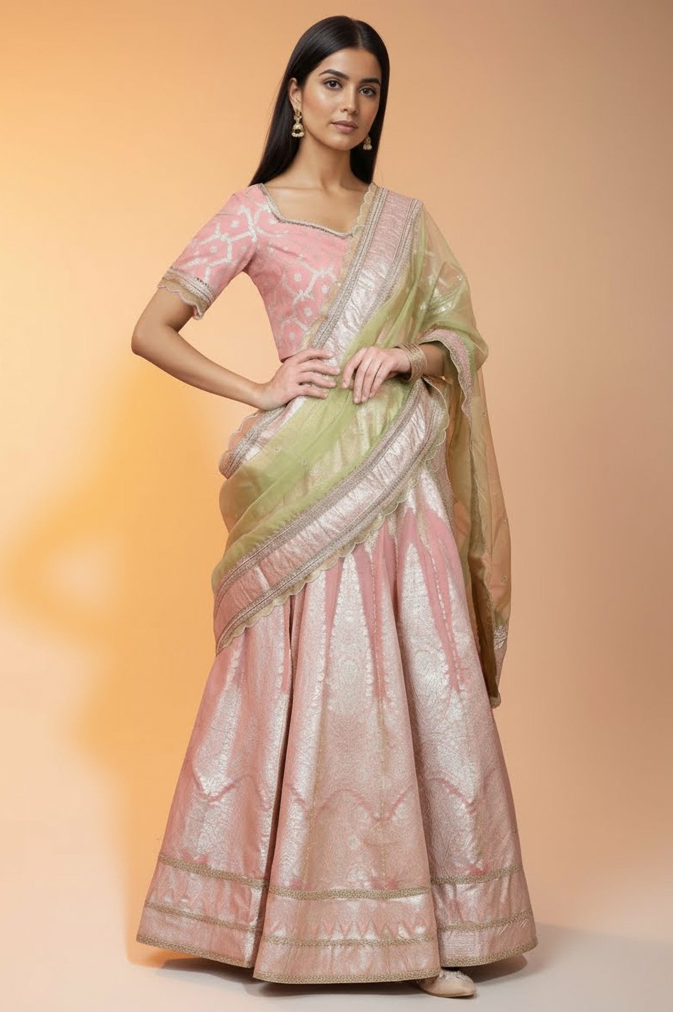 Pink Embroidered Jacquard Blouse, Flared Lehenga and Dupatta Set