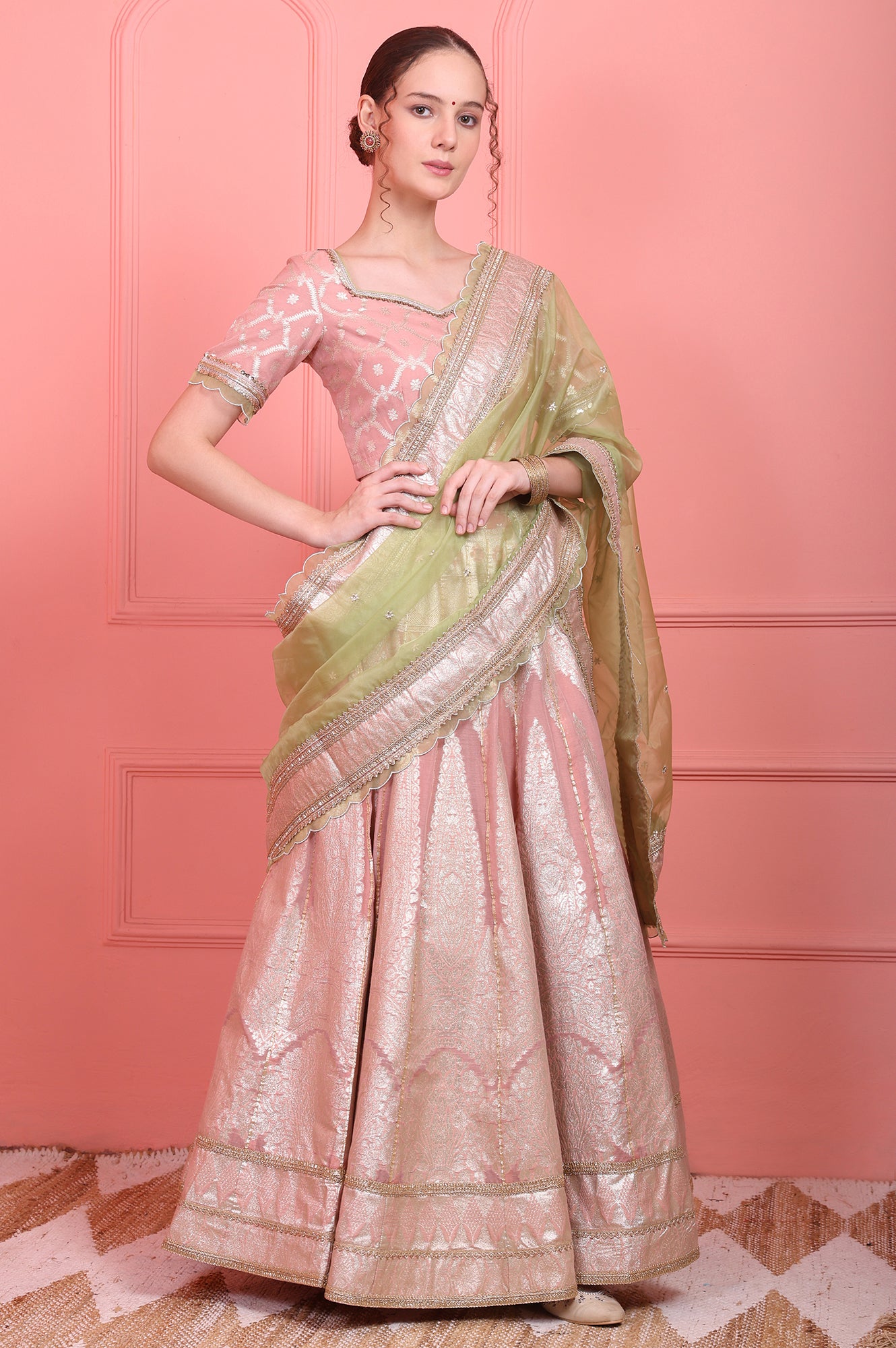 Pink Embroidered Jacquard Blouse, Flared Lehenga and Dupatta Set