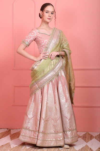 Pink Embroidered Jacquard Blouse, Flared Lehenga and Dupatta Set