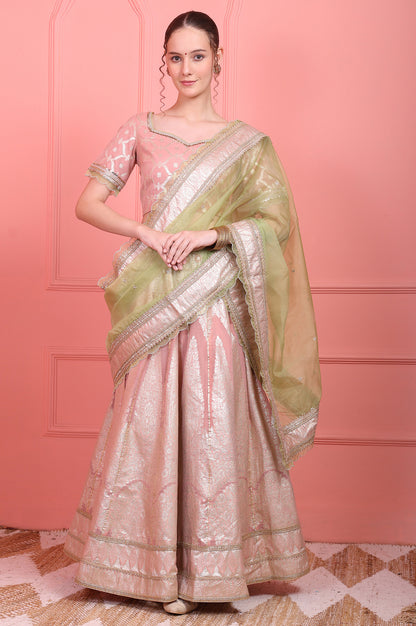 Pink Embroidered Jacquard Blouse, Flared Lehenga and Dupatta Set
