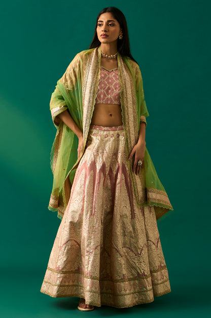 Pink Embroidered Jacquard Blouse, Flared Lehenga and Dupatta Set