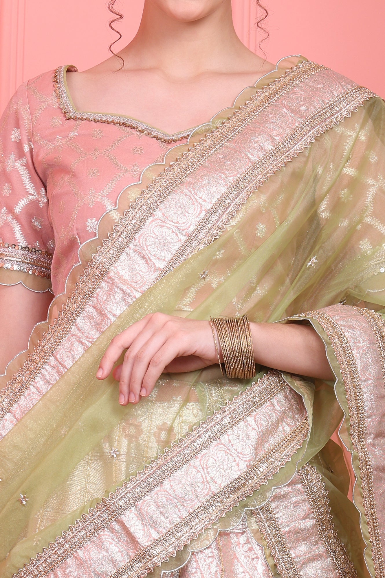 Pink Embroidered Jacquard Blouse, Flared Lehenga and Dupatta Set