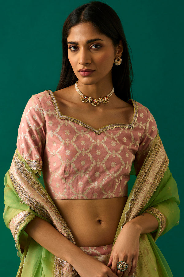 Pink Embroidered Jacquard Blouse, Flared Lehenga and Dupatta Set