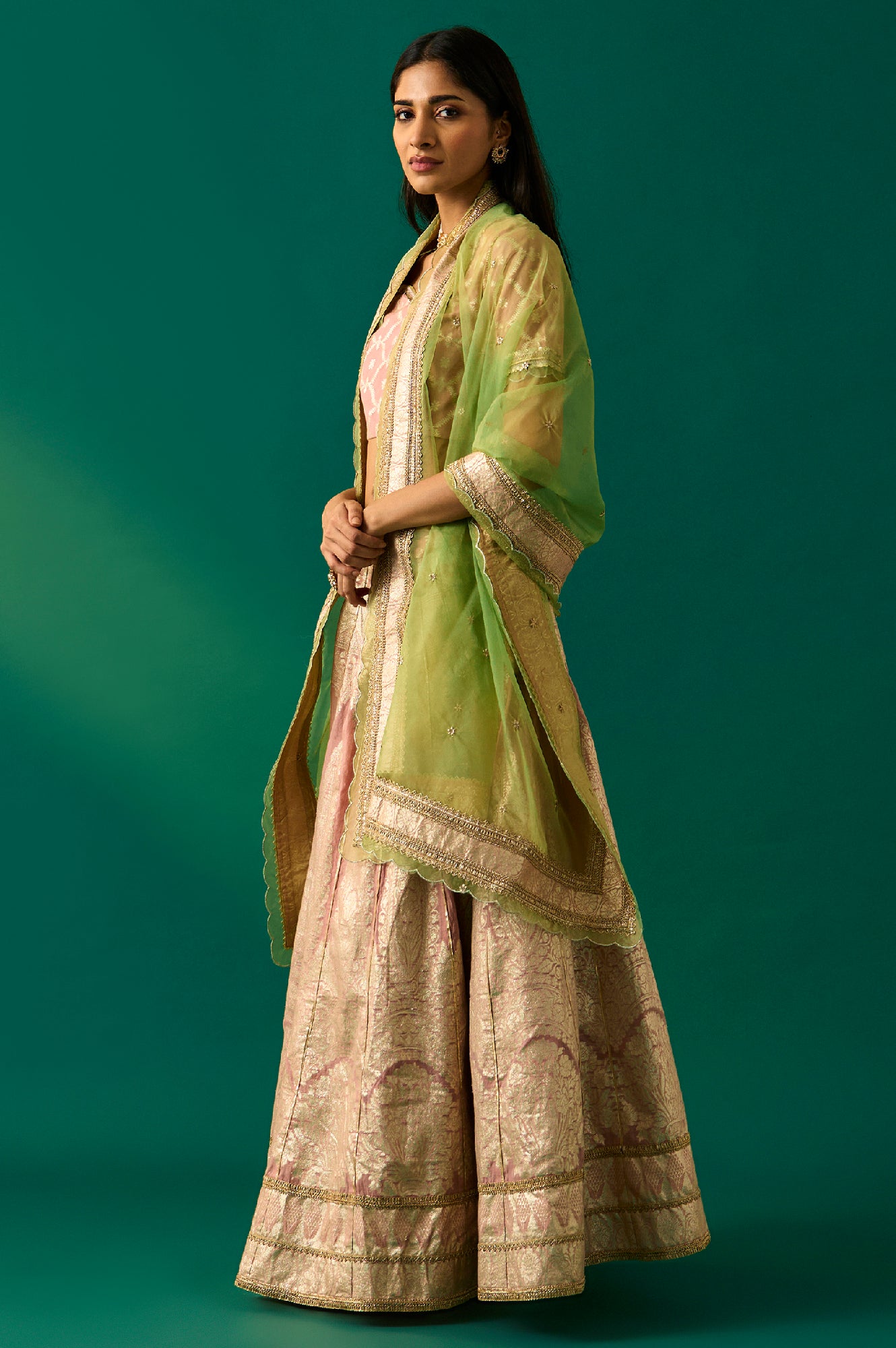 Pink Embroidered Jacquard Blouse, Flared Lehenga and Dupatta Set