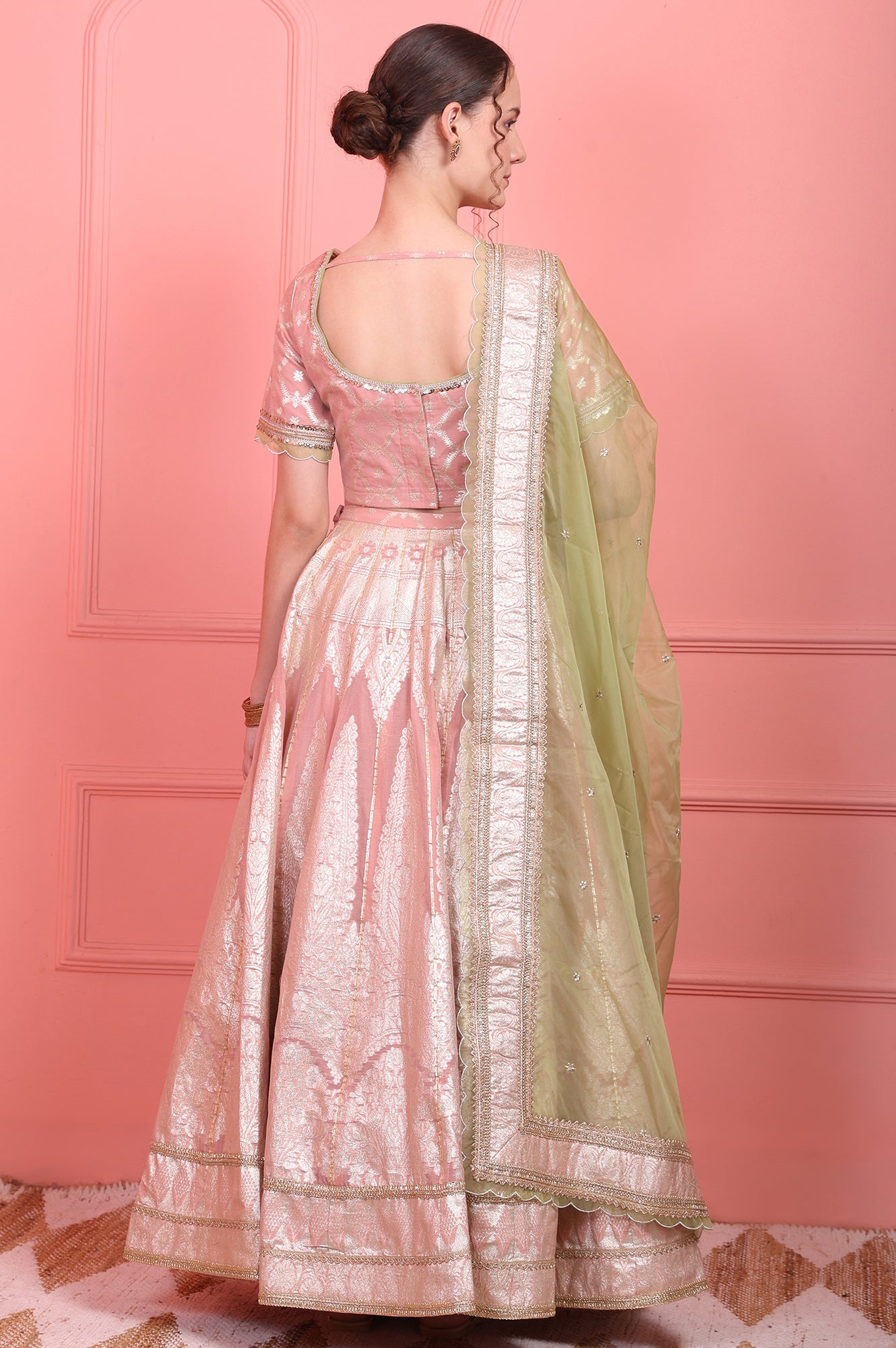 Pink Embroidered Jacquard Blouse, Flared Lehenga and Dupatta Set