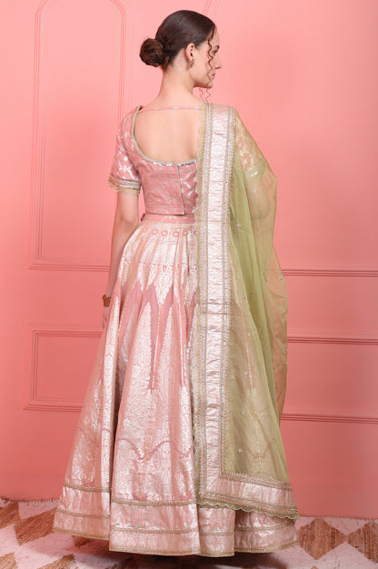Pink Embroidered Jacquard Blouse, Flared Lehenga and Dupatta Set