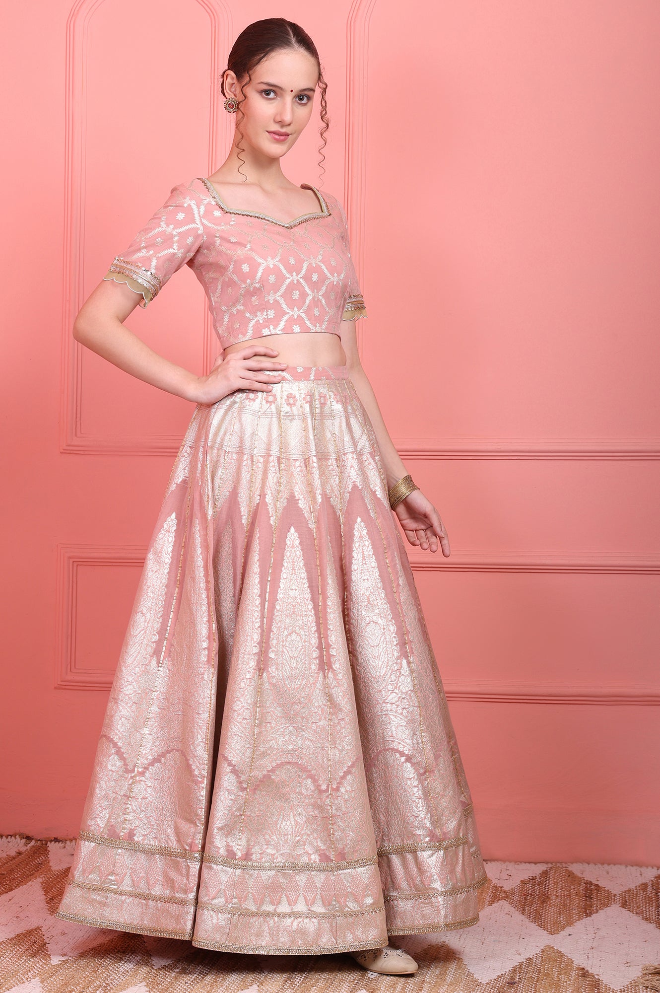 Pink Embroidered Jacquard Blouse, Flared Lehenga and Dupatta Set
