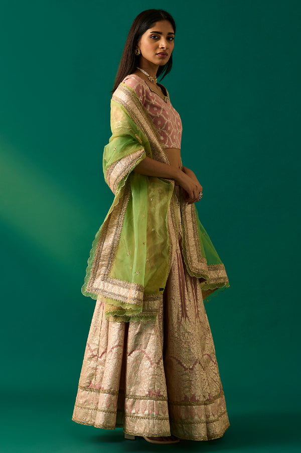 Pink Embroidered Jacquard Blouse, Flared Lehenga and Dupatta Set