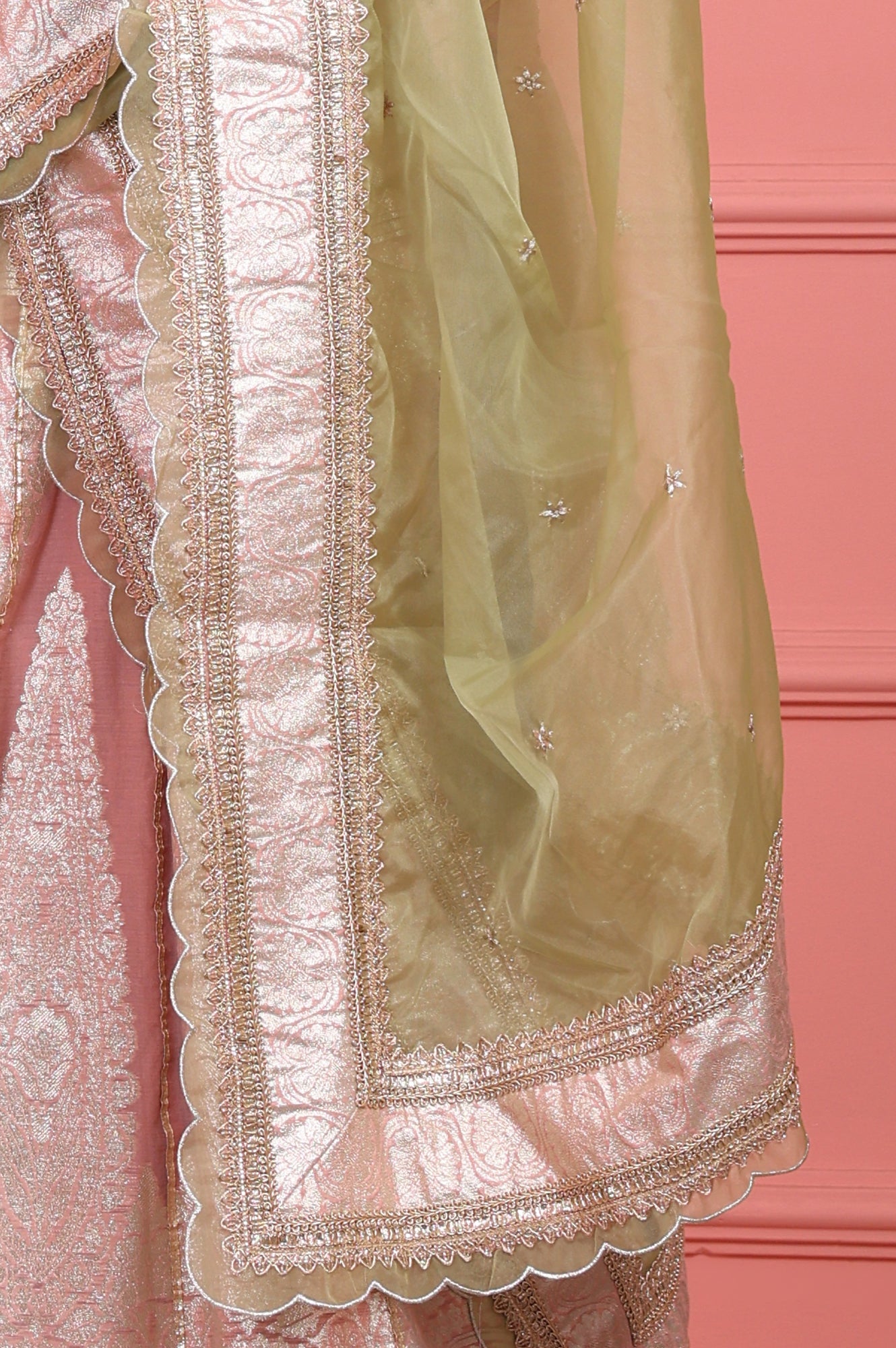 Pink Embroidered Jacquard Blouse, Flared Lehenga and Dupatta Set