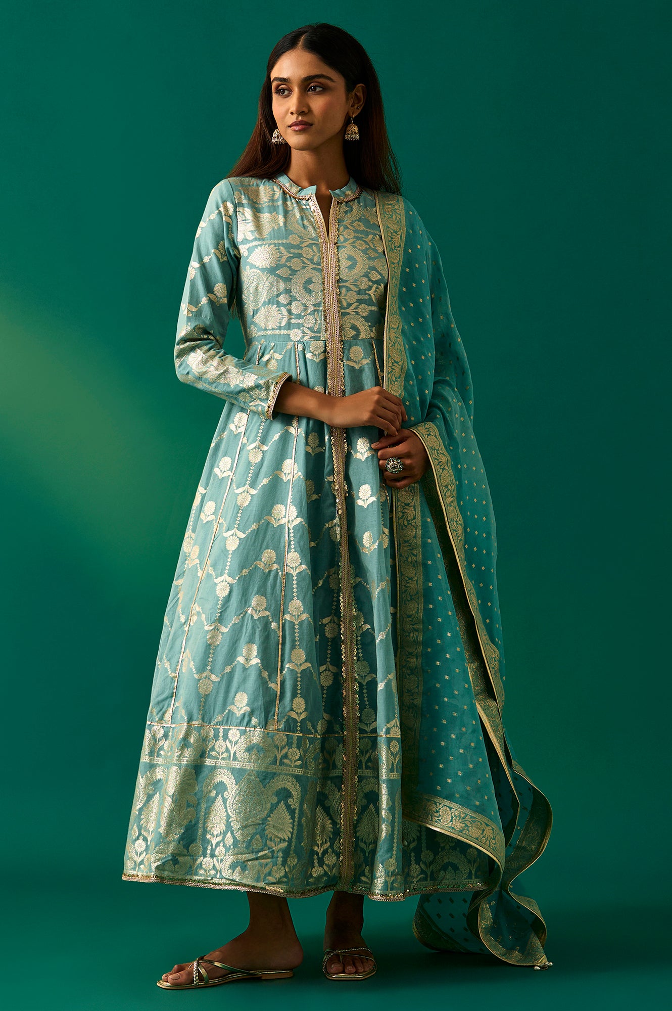 Aqua Green Zari Embroidered Jacquard Anarkali and Dupatta Set
