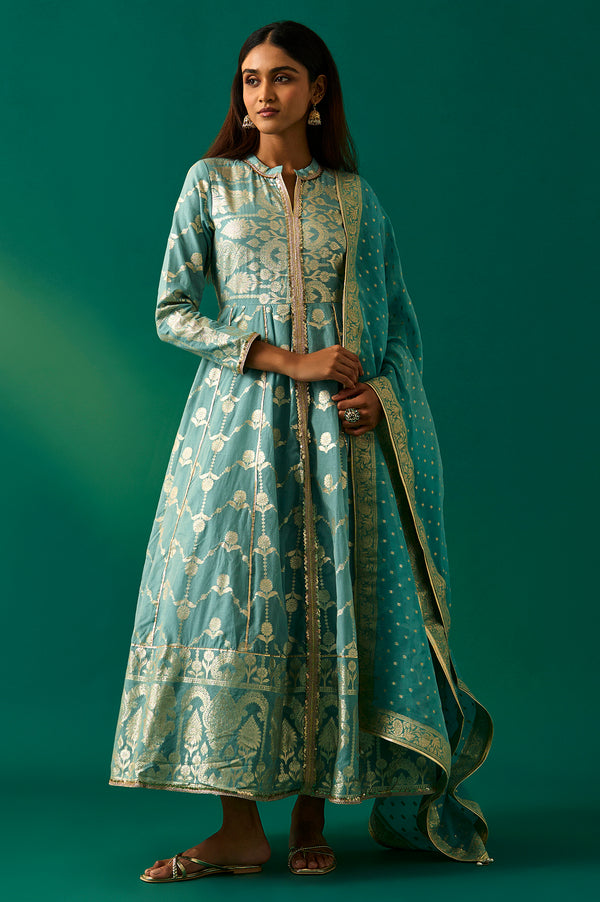 Aqua Green Zari Embroidered Jacquard Anarkali and Dupatta Set