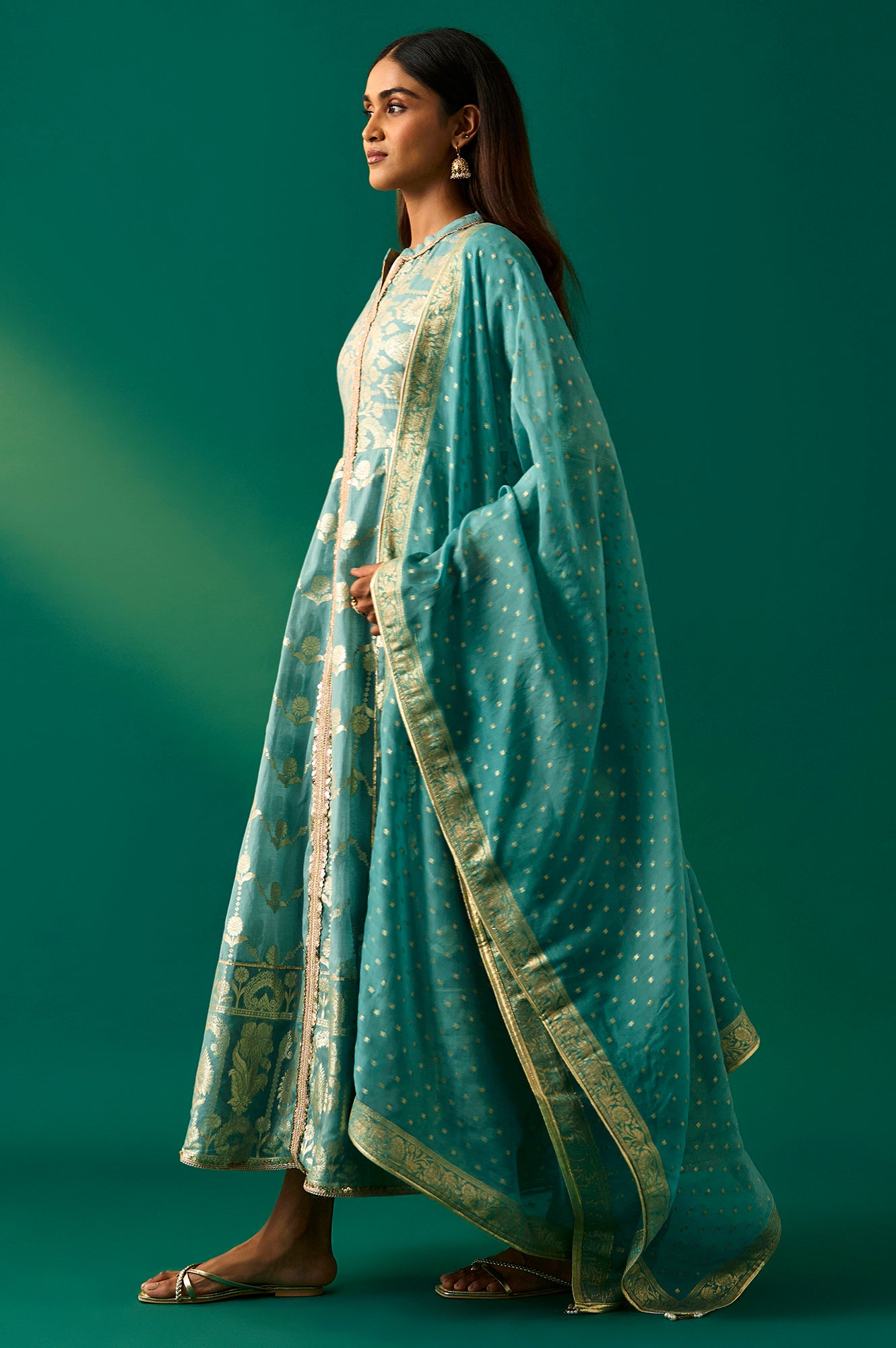 Aqua Green Zari Embroidered Jacquard Anarkali and Dupatta Set