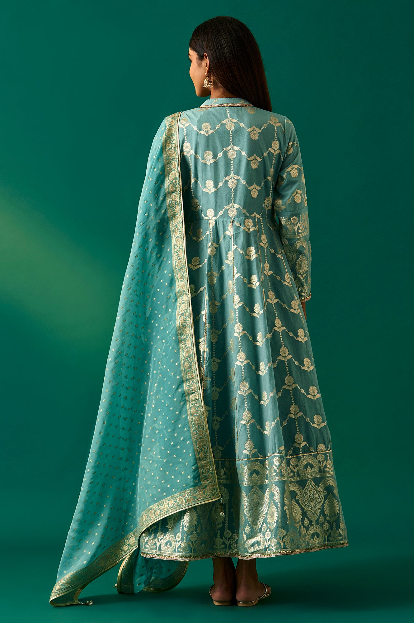 Aqua Green Zari Embroidered Jacquard Anarkali and Dupatta Set