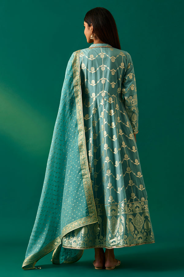 Aqua Green Zari Embroidered Jacquard Anarkali and Dupatta Set