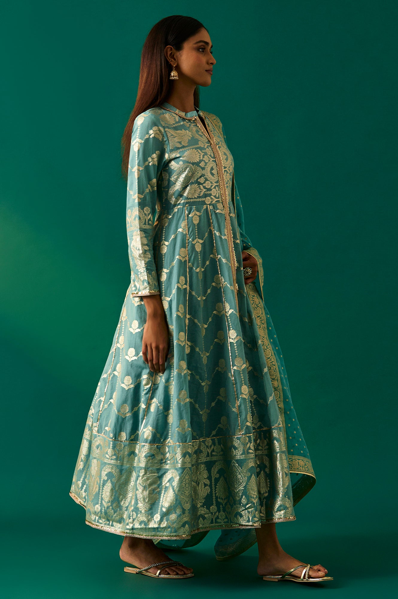 Aqua Green Zari Embroidered Jacquard Anarkali and Dupatta Set