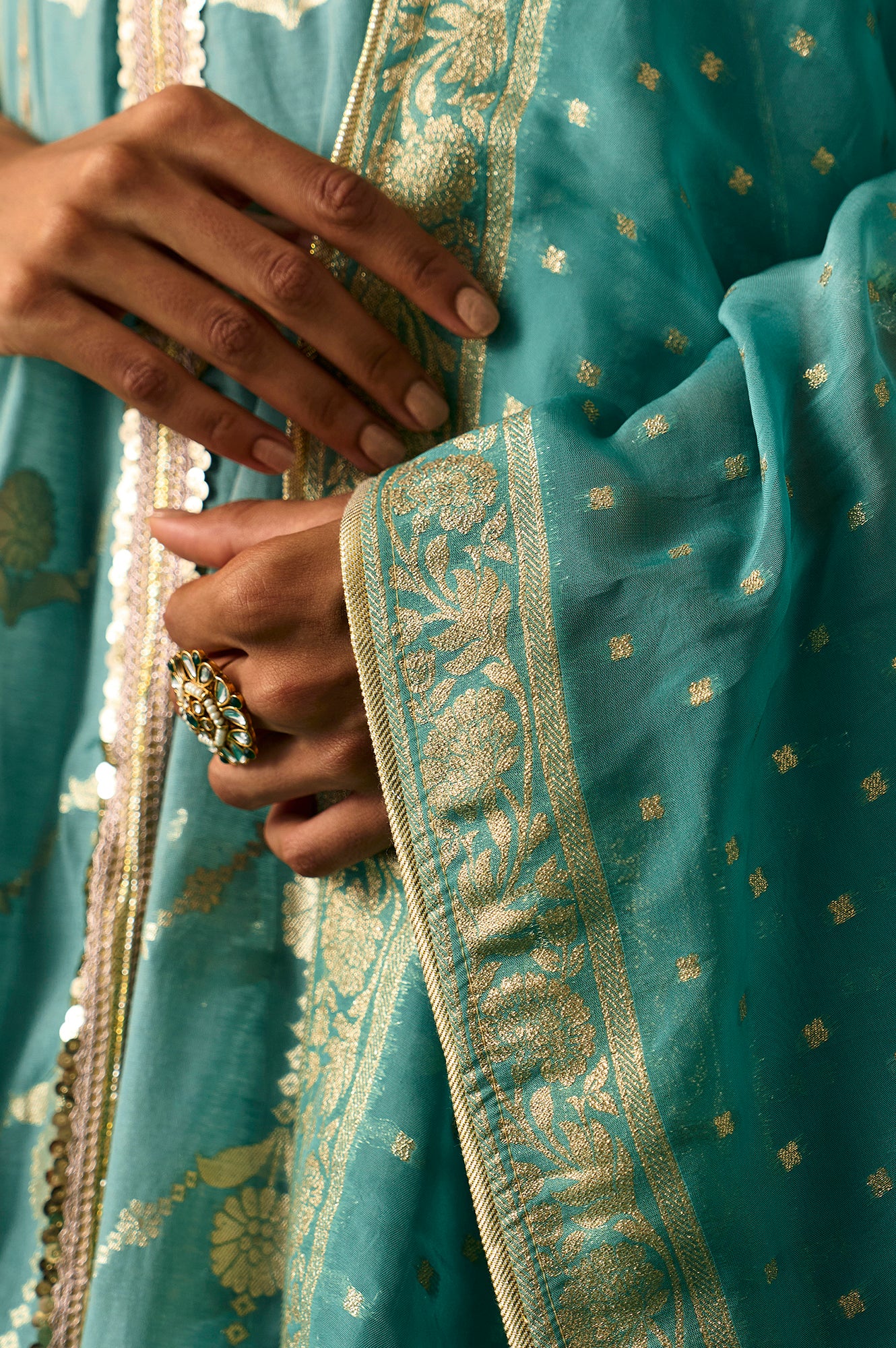 Aqua Green Zari Embroidered Jacquard Anarkali and Dupatta Set