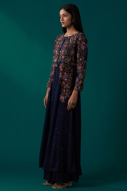 Navy Blue Heavy Embroidered Flared Georgette Kurta with Culottes Set