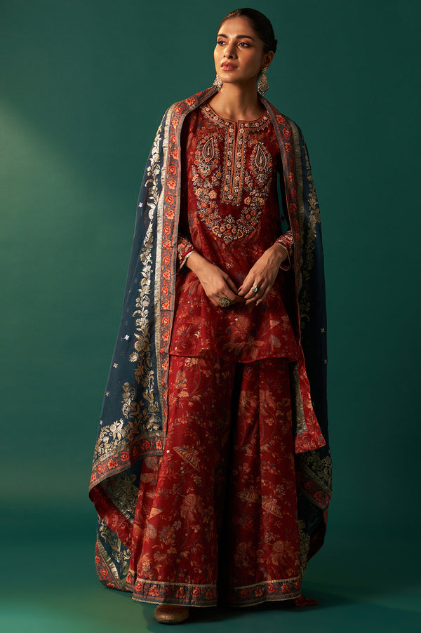 Red Floral Printed Embroidered Flared Organza Kurta with Culottes and Dupatta Set
