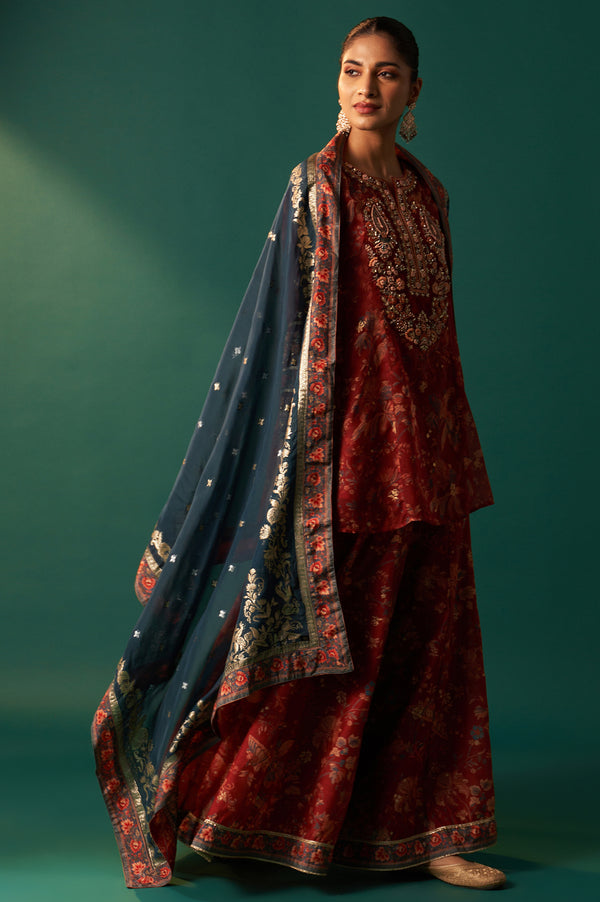 Red Floral Printed Embroidered Flared Organza Kurta with Culottes and Dupatta Set