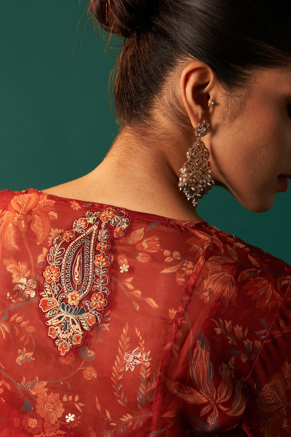 Red Floral Printed Embroidered Flared Organza Kurta with Culottes and Dupatta Set