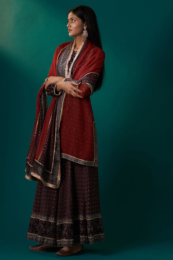 Red Abstract Printed Beaded A-Line Organza Kurta with Culottes and Dupatta Set