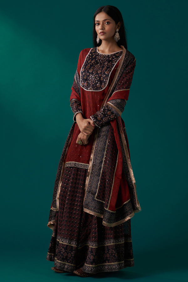Red Abstract Printed Beaded A-Line Organza Kurta with Culottes and Dupatta Set