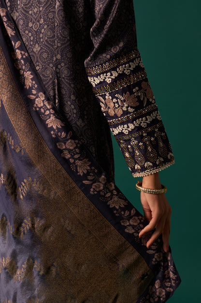Navy Blue Floral Printed Embroidered Straight Modal Satin Kurta with Parallel Pants and Dupatta Set
