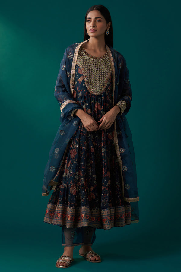 Teal Floral Printed Metallic Embroidery Anarkali Kurta with Parallel Pants and Dupatta Set