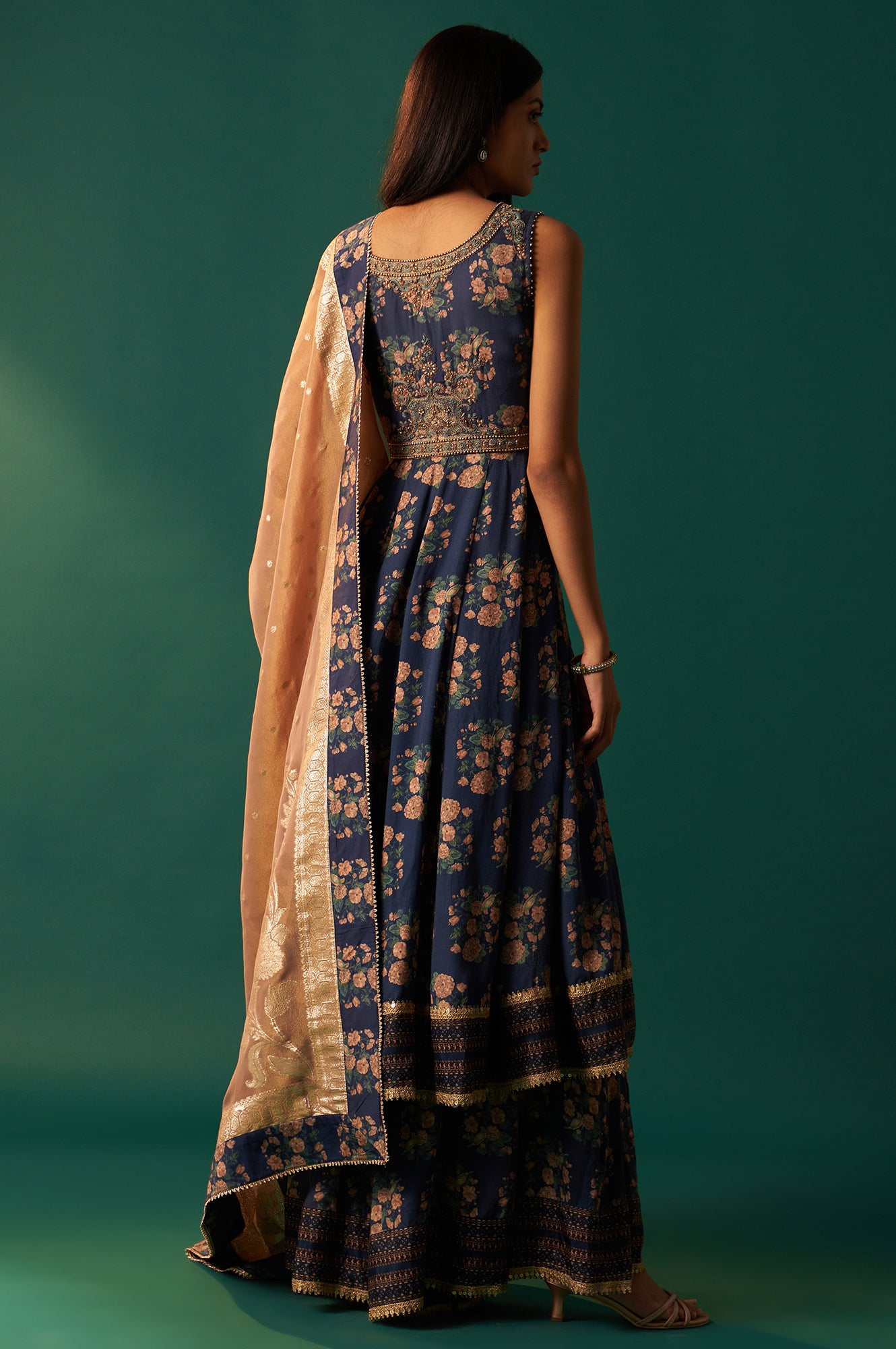 Navy Blue Floral Printed Beaded Anarkali Modal Satin Kurta with Culottes and Dupatta Set