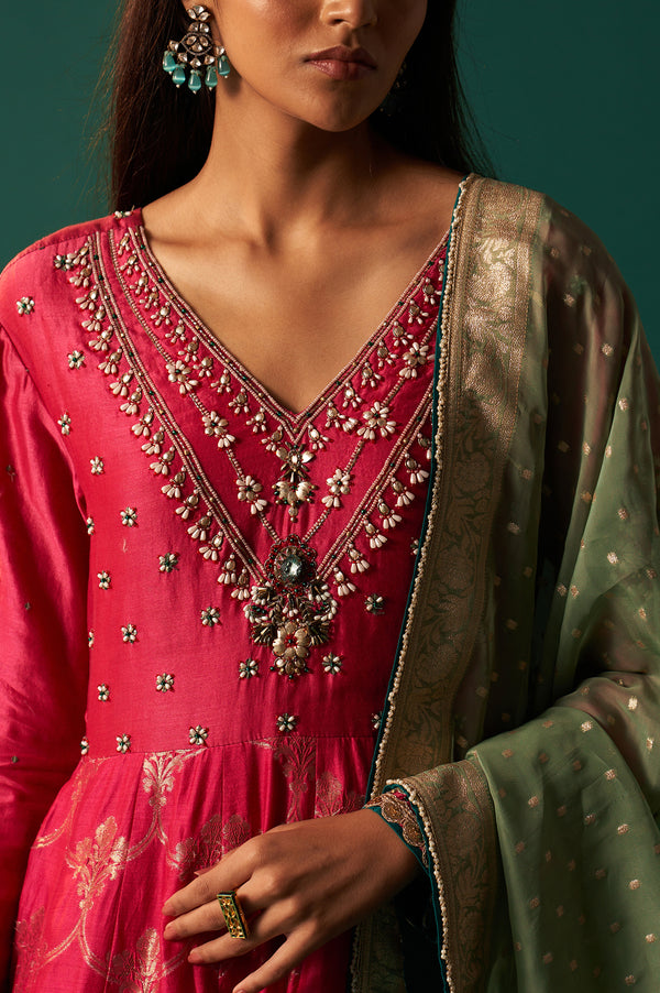 Pink Embroidered Chanderi Jaquard Zari Anarkali Kurta with Churidar and Dupatta Set