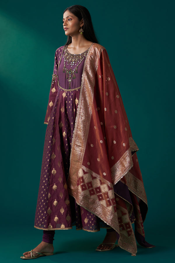 Purple Zari Embroidered Chanderi Jacquard Anarkali Kurta with Churidar and Dupatta Set